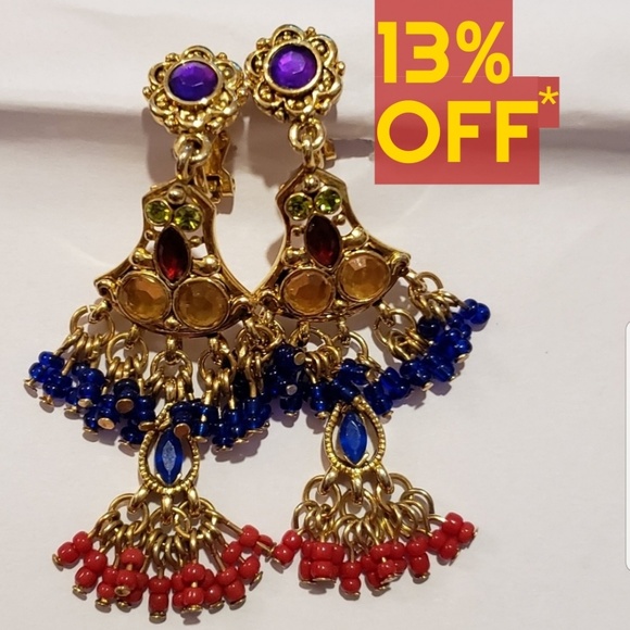 Jewelry - Gold Crystal Beaded Chandelier Clip-On Earrings